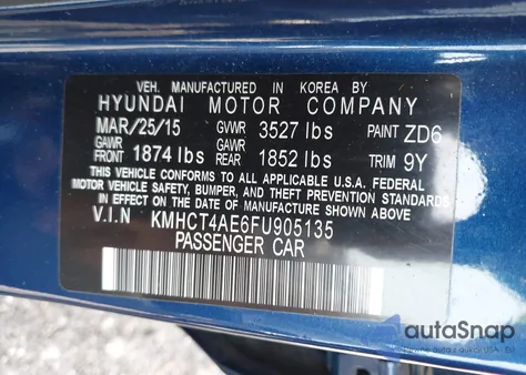 2015 Hyundai Accent Gls из США, поврежденный, VIN KMHCT4AE6FU905135